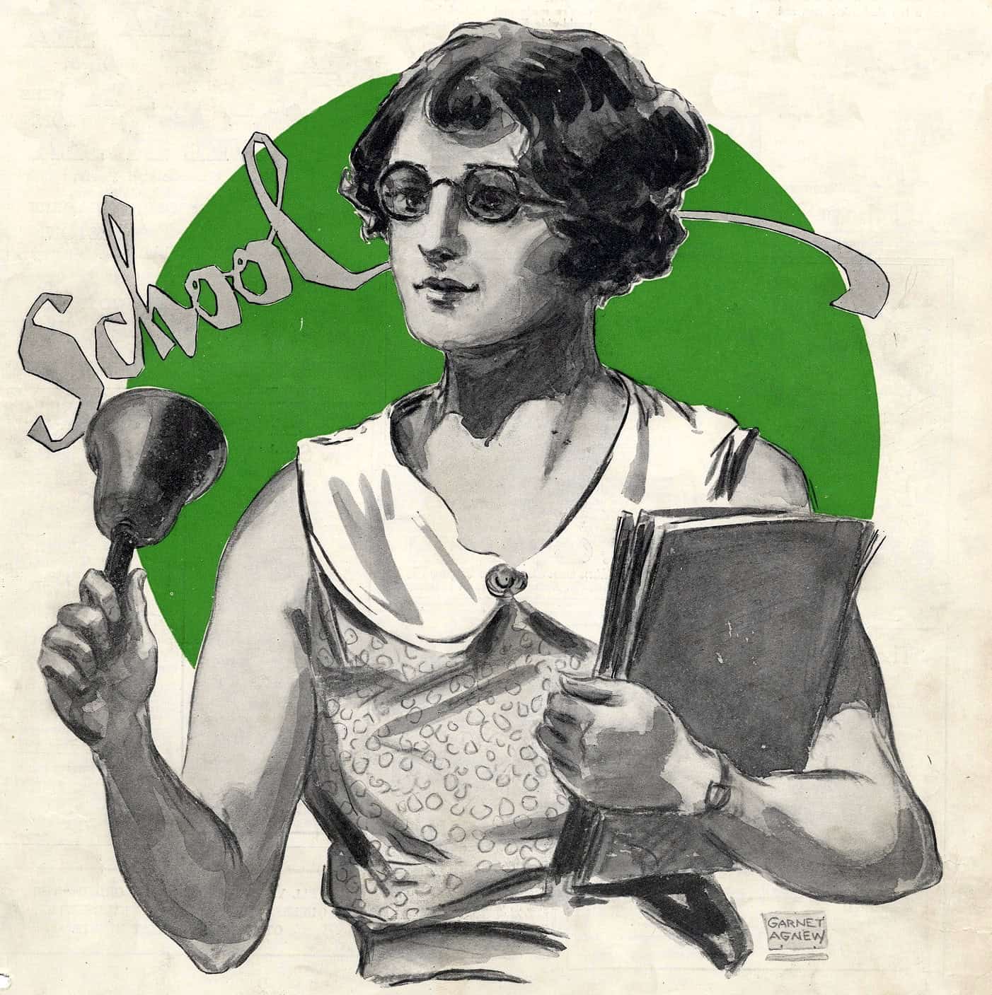 A black and white illustration from the 1930s of a young woman with dark hair and glasses holding a pair of books and a bell, out of which a stylised word "school" is emerging. She is framed by a green circle