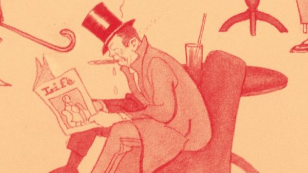 A vintage illustration of two gentlemen sitting in armchairs reading newspapers. One is slumped over with the newspapers on the floor, the other is crying while he reads.