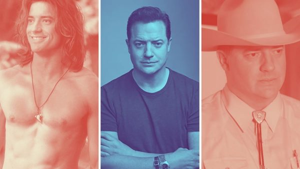 three images of the actor Brendan Fraser - in George of the Jungle, in Trust, and a publicity photo facing the camera.