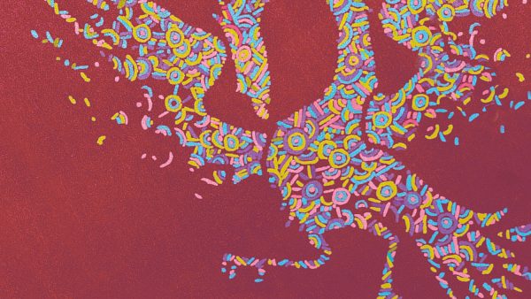 an image from the cover of Neghar Djavadi's book 'Disoriental'. The shape of a bird made up of small multi coloured confetti-like shapes.