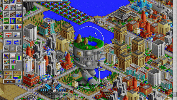 A screenshot of gameplay in SimCity 2000, with a large arboretum in the centre of a sprawling city, and a large body of water at the top of the screen.