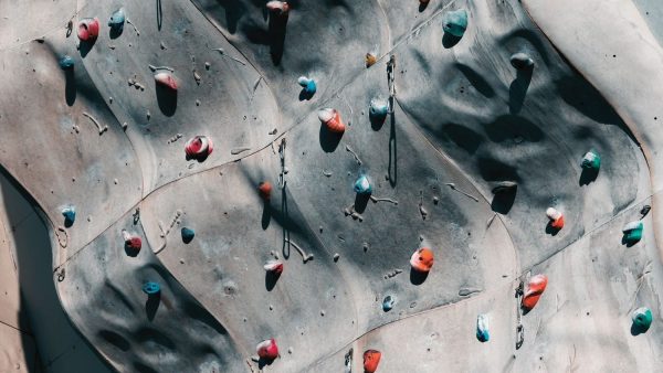 An indoor rock climbing wall.
