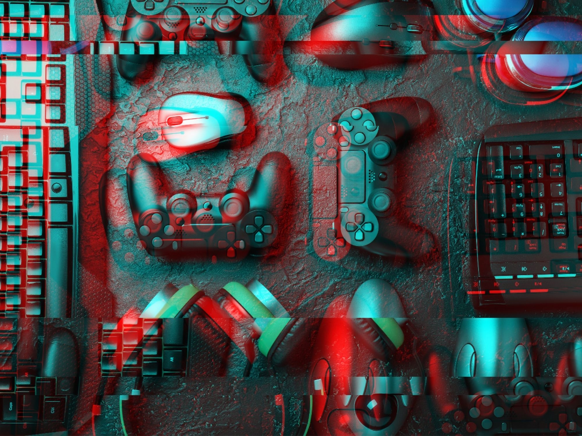 An array of gaming controllers, keyboards and other computer accessories on a dark background, with a red and blue distortion effect