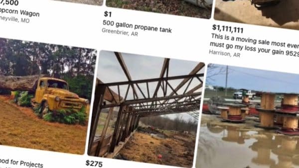 A screenshot of Facebook Marketplace, with a grid of images including pieces of metal, an old truck, and various other items