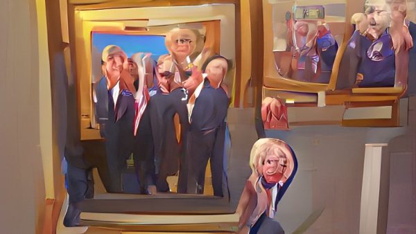 an ai-generated abstract image which vaguely resembles a warped group of politicians in suits inside a painting.