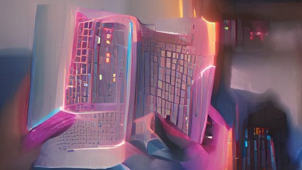 An AI generated image of a book being held in a person's hands. The image is shot through with bright purple neon and colourful shapes.