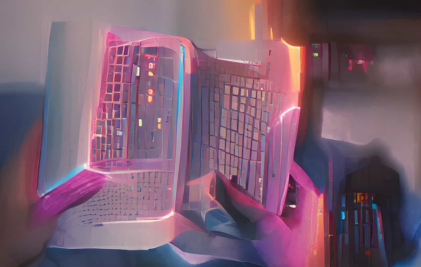 An AI generated image of a book being held in a person's hands. The image is shot through with bright purple neon and colourful shapes.