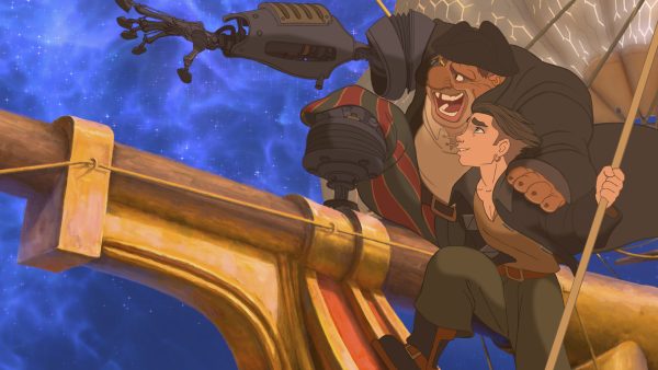 A shot from the animated film Treasure Planet. Long John Silver and Jom Hawkins are standing on the side of a wooden pirate ship, looking out into a bright blue galaxy