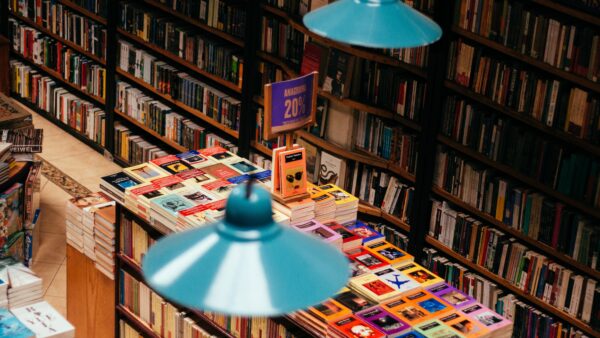 An overhead view of a bookstore
