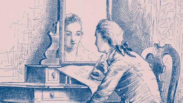 a vintage illustration of a nineteenth-century man sitting at a desk in front of a mirror, holding a pen and paper.