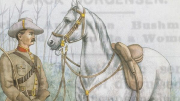 Overlaying a newspaper article about Jack Jorgensen is an illustration of the Victorian Mounted Rifles, an image of a rifleman in uniform standing next to his white horse.