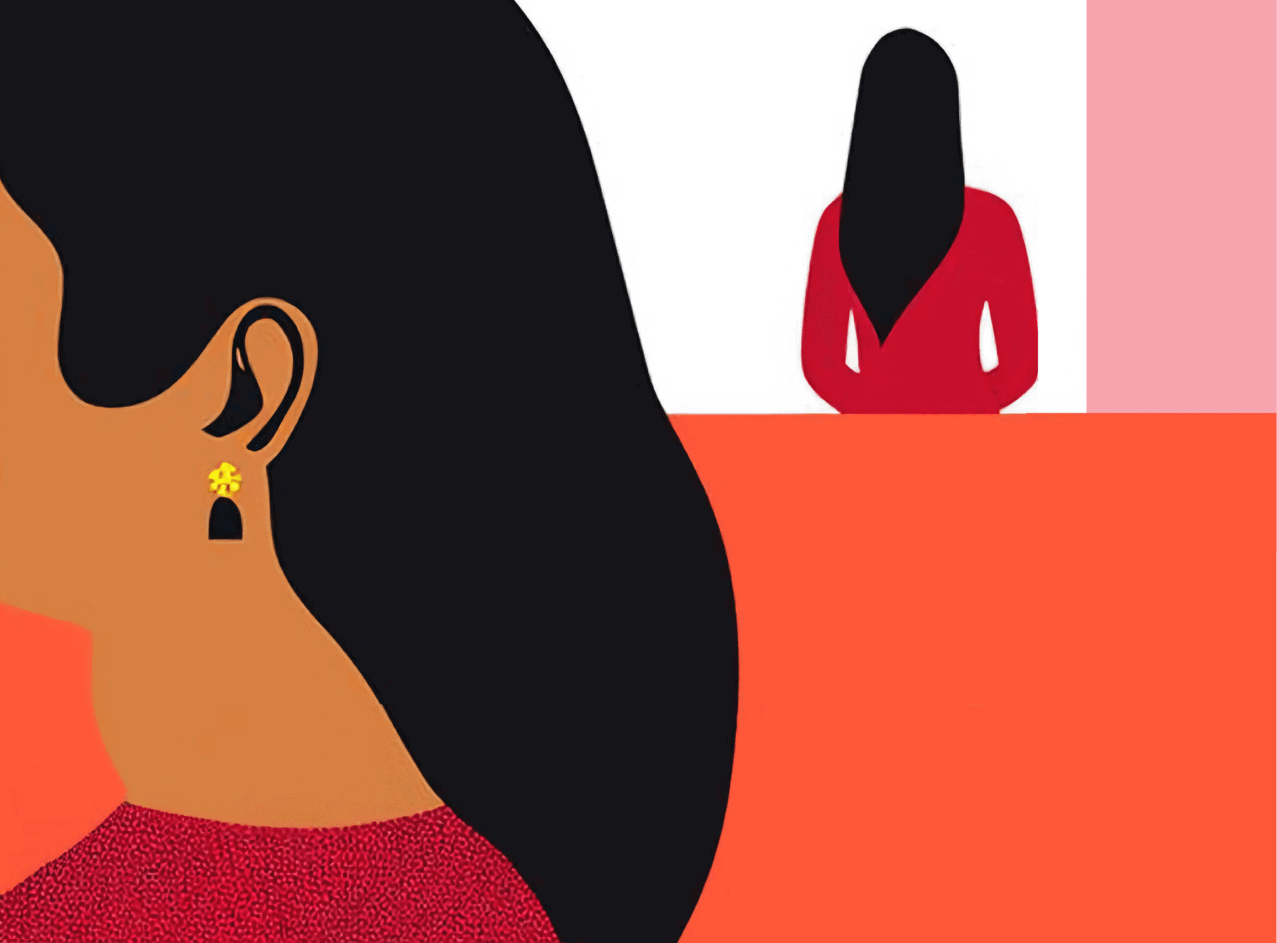 a blocky illustration of two young women facing away from each other.