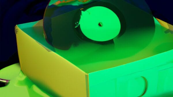 a cardboard box with a black vinyl record inside, melting into a bright green puddle against a black background