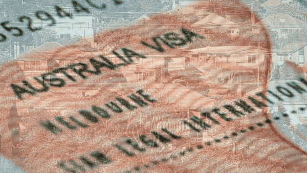 a close-up image of a visa form with the text 'AUSTRALIA VISA visible, overlaid on the top of an image of suburban houses