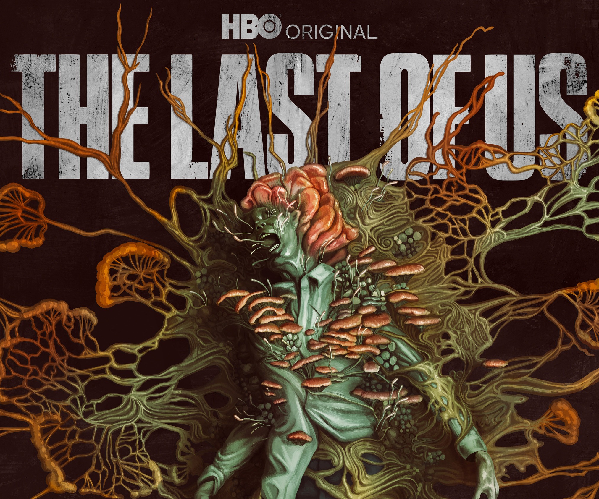An illustration of a person being taken over by fungi, their whole body transforming from the fungus network.
