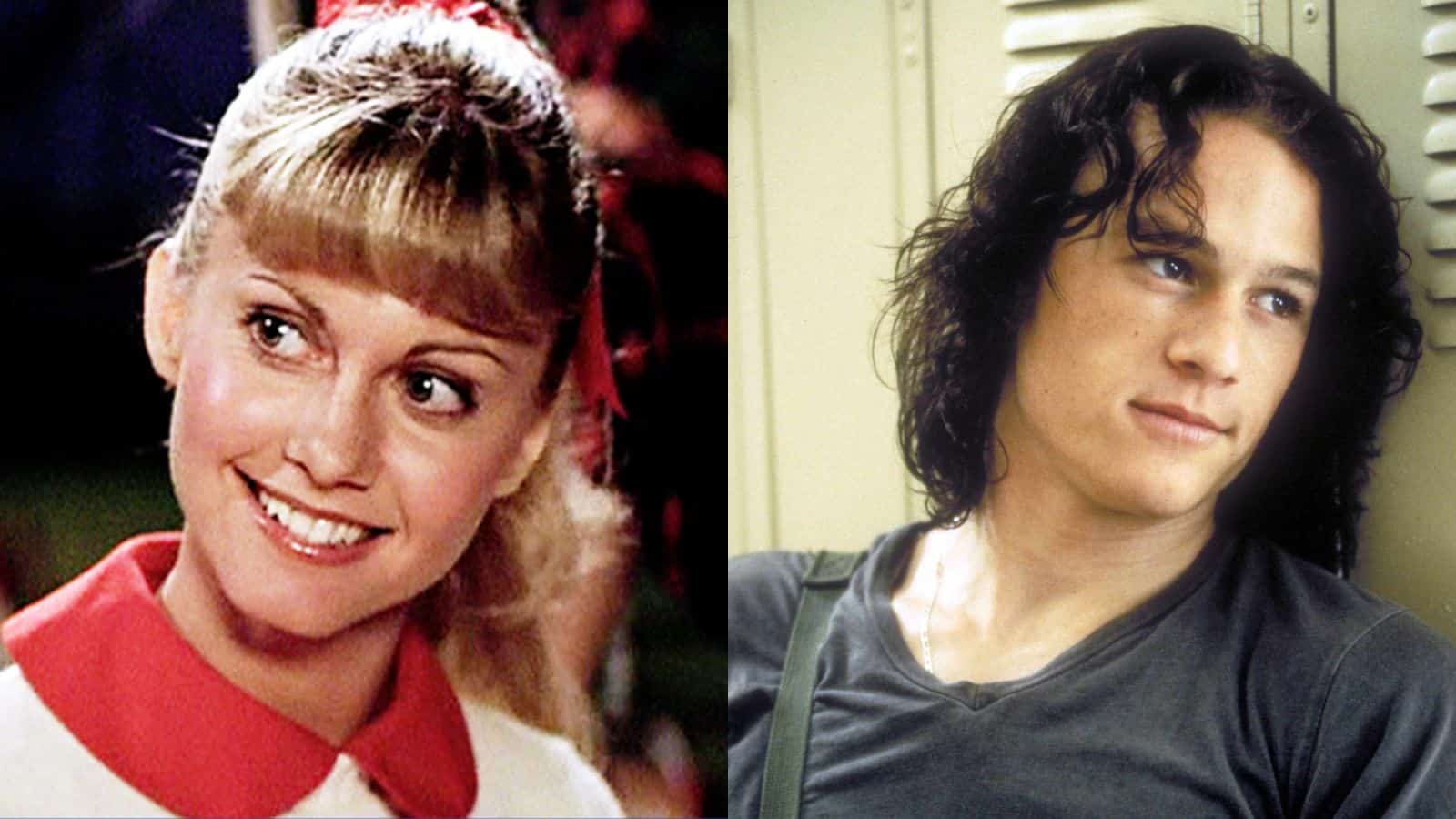 Image 1: Olivia Newton-John as Sandy in Grease. She is a cheerleader with blonde hair in a ponytail, wearing an 1950s cheerleading outfit.2: Heath Ledger in 10 Things I Hate About You. He has mid-length curly brown hair, and leans against a locker in a black T-shirt, looking wistfully to the right.