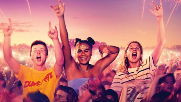An image from the film poster of the movie 6 Festivals. Three friends dance and make 'rock on' hand symbols in a music festival crowd.