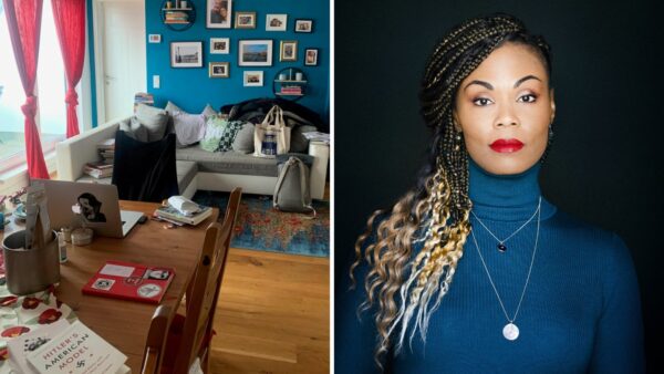 Left: A living-room study. There are stacks of books on the kitchen table, and on the couch. Right: Jennifer Neal. A woman with long brown hair in braids, dyed blonde at the ends. She wears a blue skivvy and has red lipstick on.