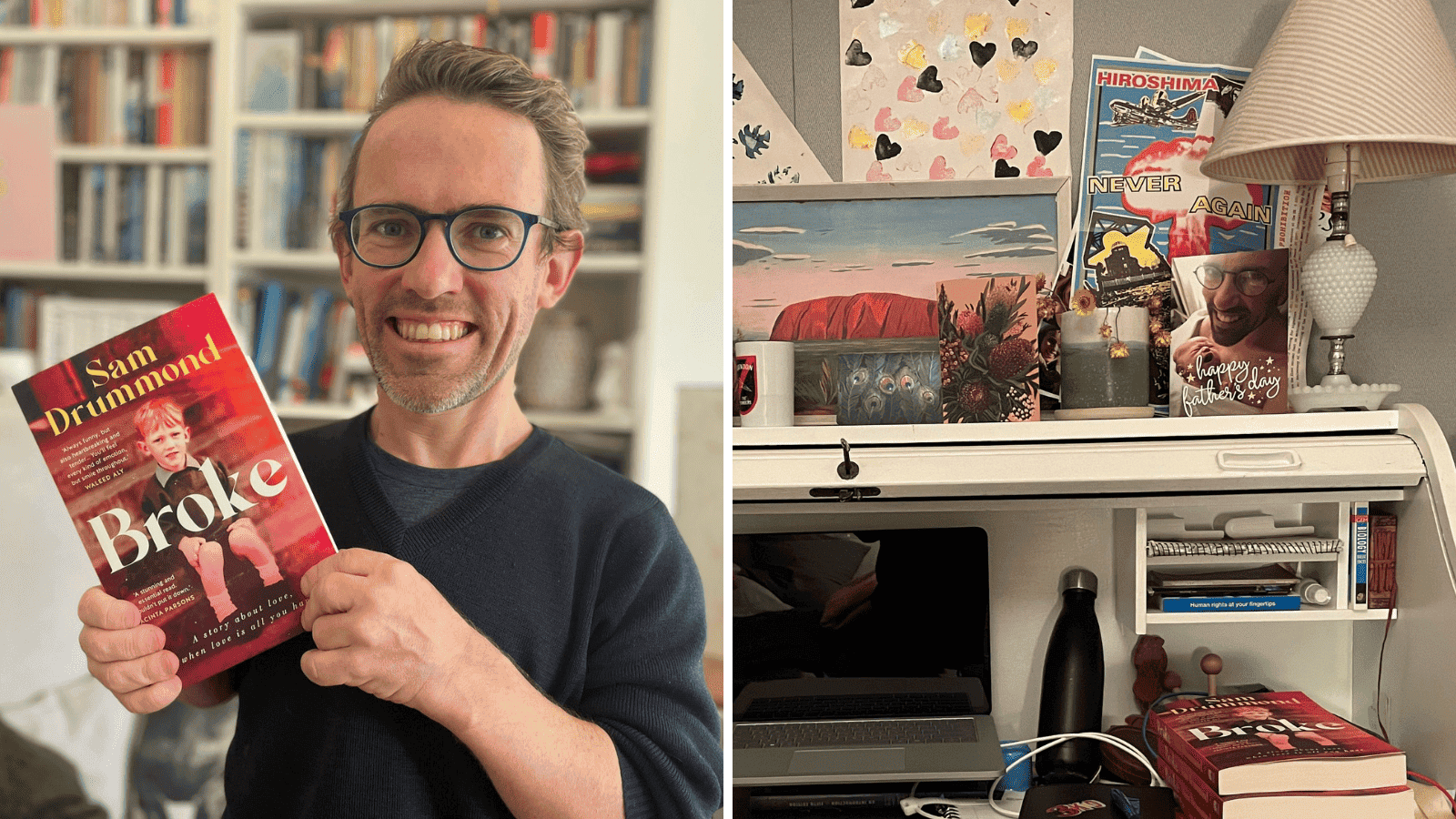 Right: A man in a black jumper holds up the book 'Broke'. He is wearing glasses and stands in front of a bookcase. Right: A white roll-top desk. It has a laptop on it, as well as books and illustrations.