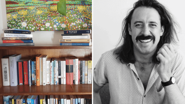 Left: a bookcase filled with books. Right: Robert Skinner. He has shoulder-length hair, a handle-bar moustache, and wears a spotted shirt, a watch and a big smile.