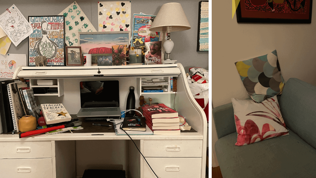 Left: A roll top desk. On top is a laptop, books, journals, and some desk clutter. Right: Some pillows propped up on a couch.