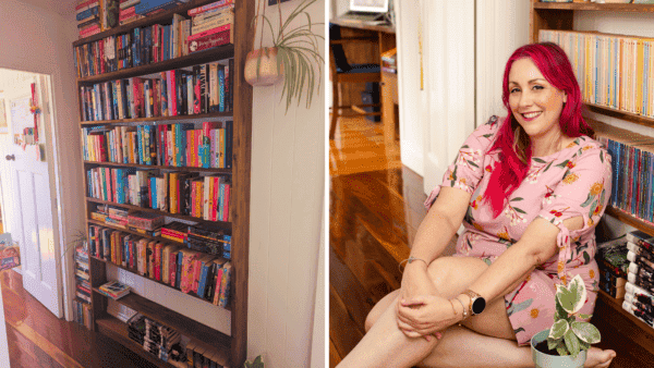 Left: Bookshelf. Right: Melanie Saward, sitting in front of bookshelf wearing pink dress and has pink hair.