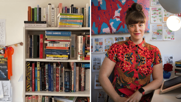 Left: Bookshelf filled with books. Right: Author Sarah Firth wears a red shirt and sits at her desk.