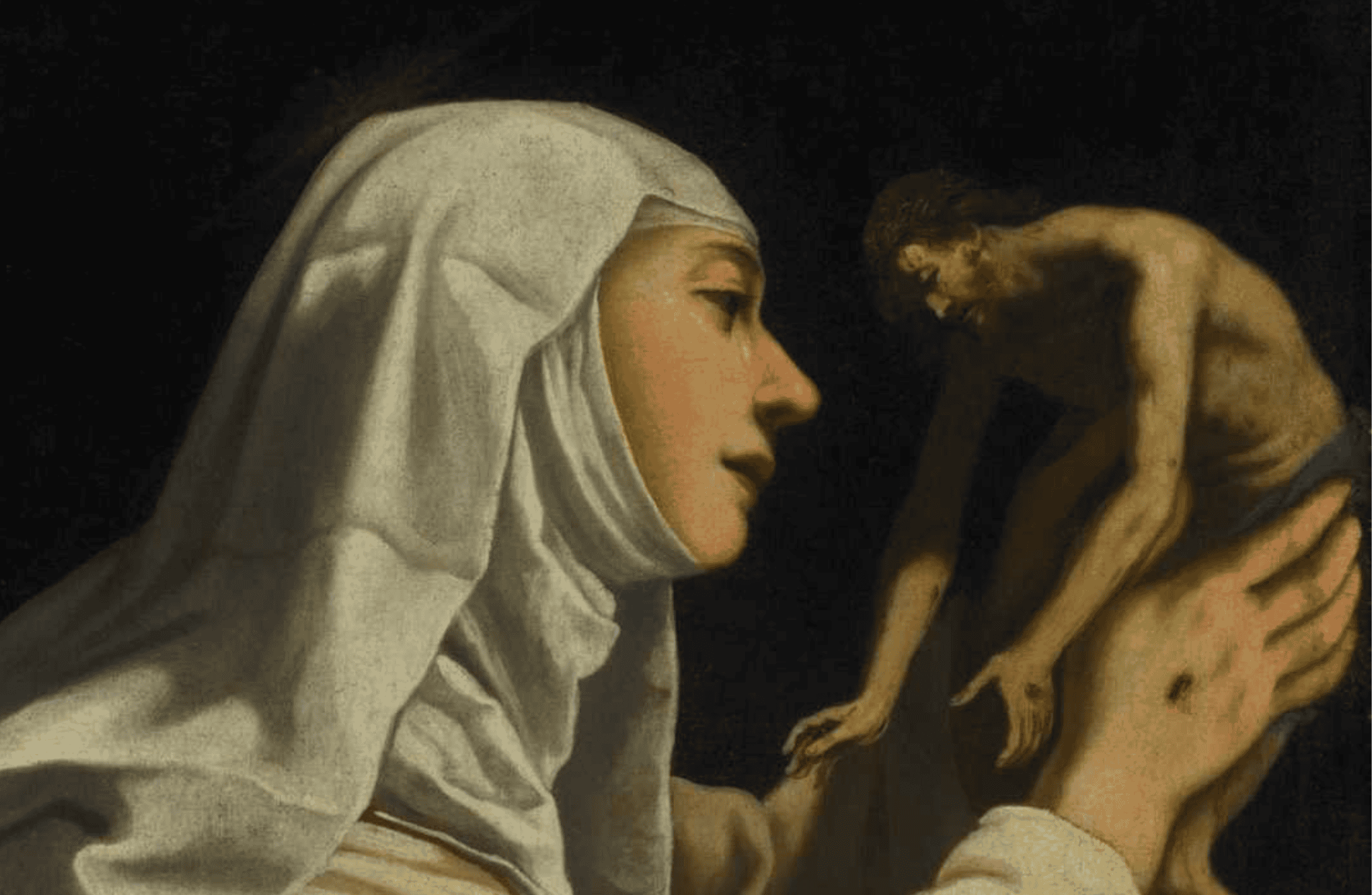 A woman dressed in a white habit holds a small Jesus in her hands. Both her and his hands have crucifixion wounds. She is crying, while staring at him. He is bleeding, arms stretched down.