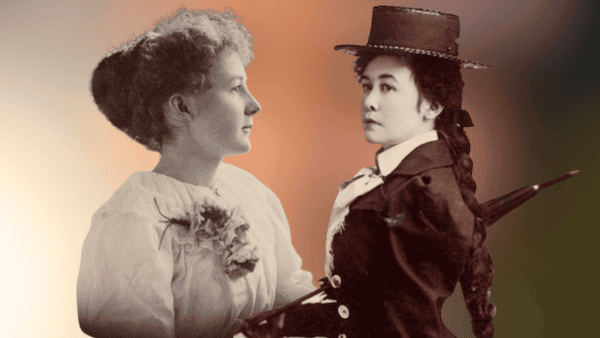 A collage of Linda and Miles Franklin. Linda is wearing a white blouse. Miles is wearing a hat and is carrying a parasol.