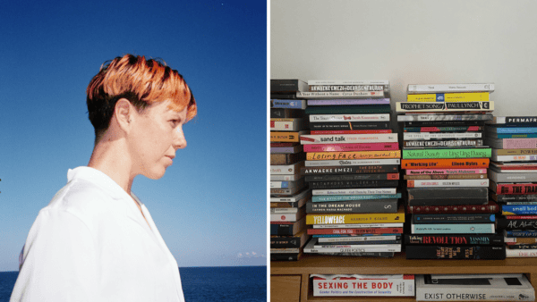 Left: Dylin Hardcastle. RIght: Stacks of books.