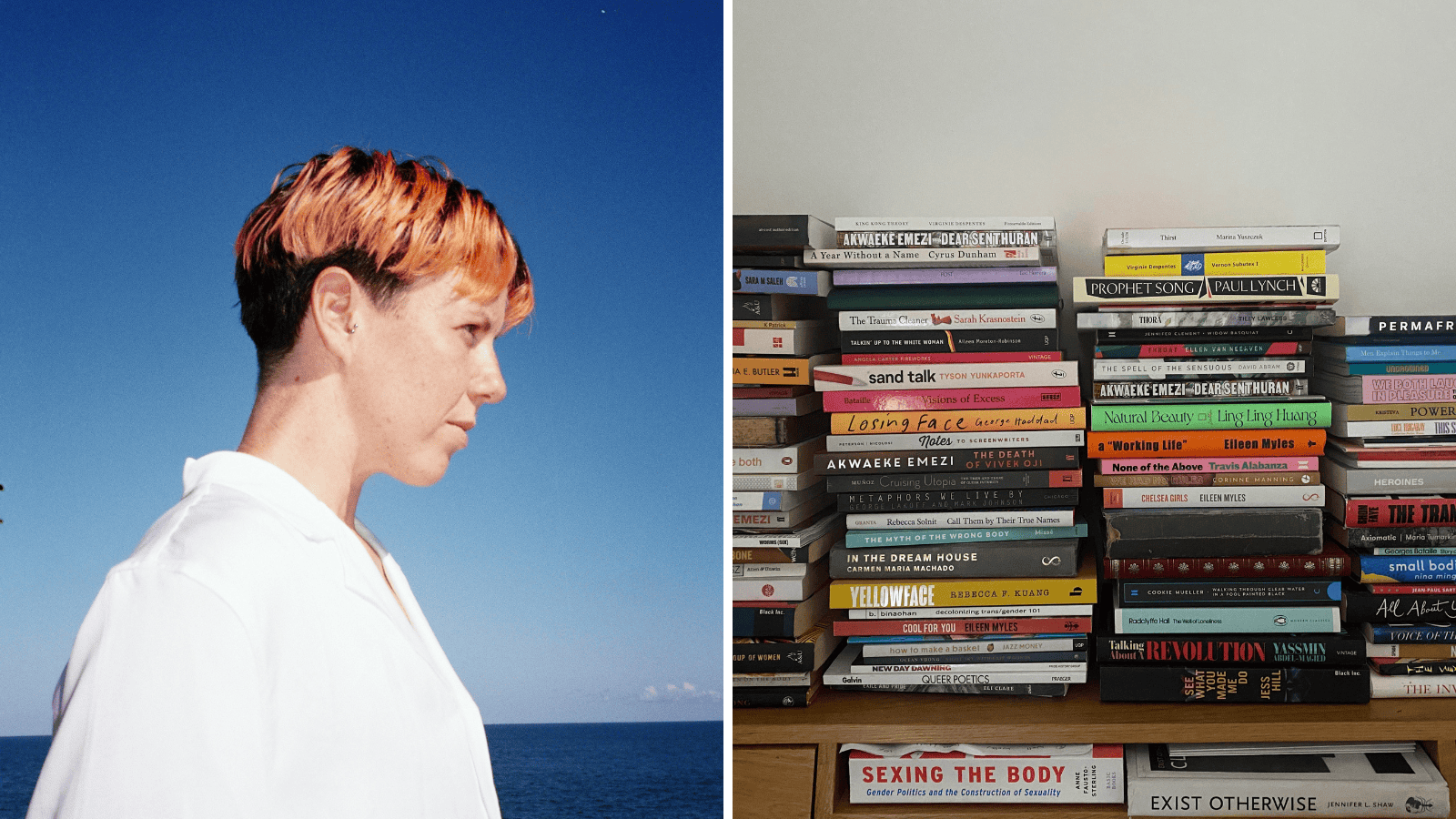 Left: Dylin Hardcastle. RIght: Stacks of books.