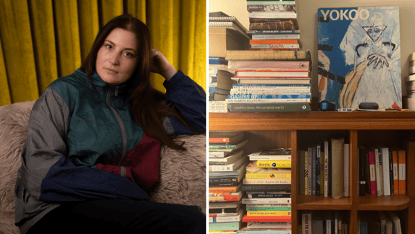 Left: Ella Baxter. Right: Her bookcase.