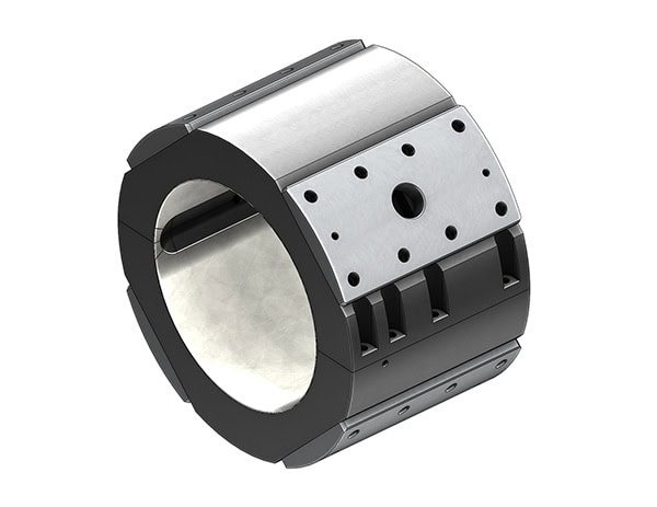Steel-based journal bearing machined with four steel plates on outside of the bearing, silver in color. Face plate is showcased, four medium holes on both longer sides of plate, one large hole in the middle, one smaller hole on top and bottom of plate.