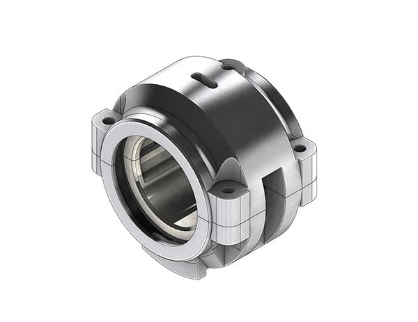 Steel based circular bearing with milled features, three bolt lugs, counter bores, od slot, silver in color.