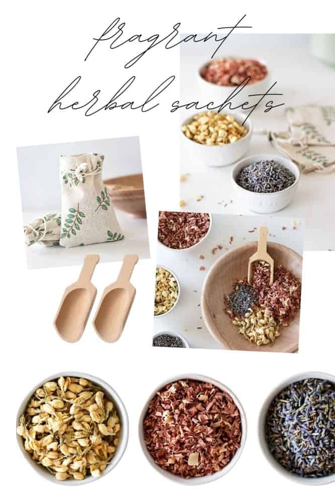 bowls of dried herbs and cedarwood. wood scoops and photos of step by step instructions
