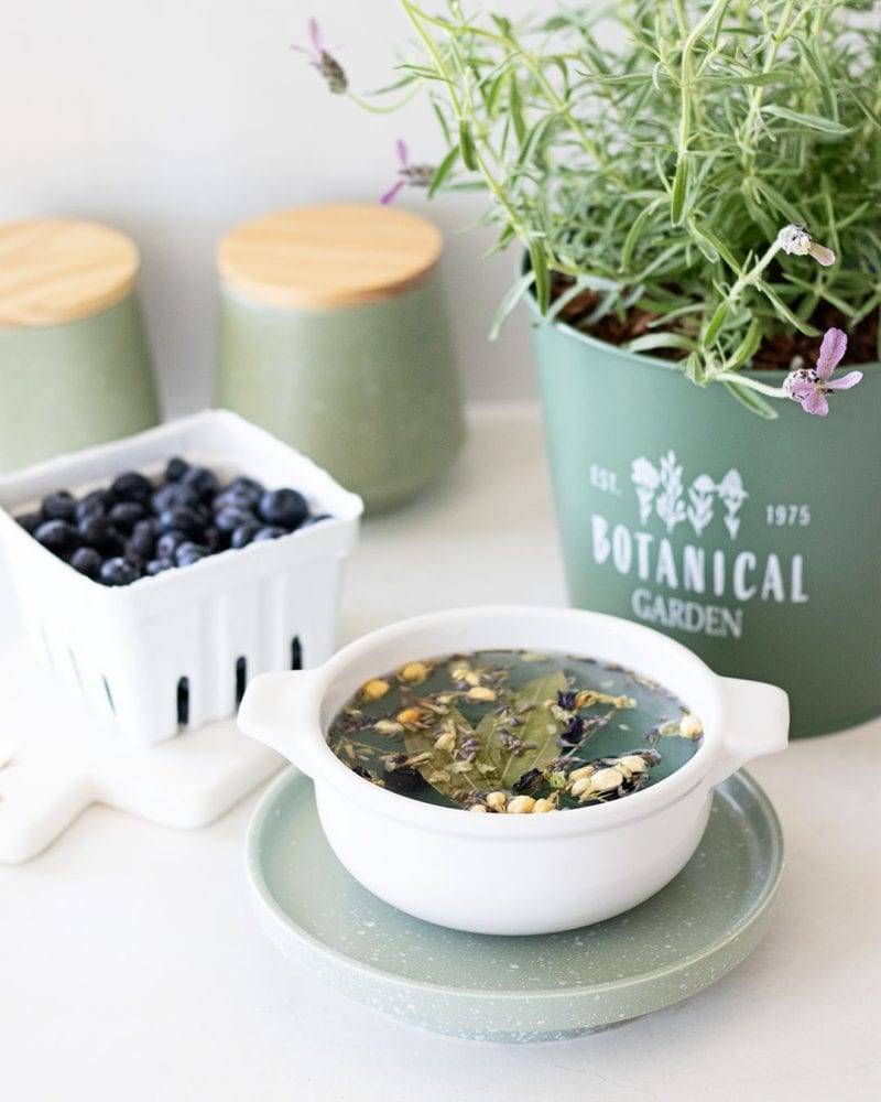 a pint of fresh blue berries, potted butterfly lavender, and a blue simmer pot with floating botanicals in blue water.