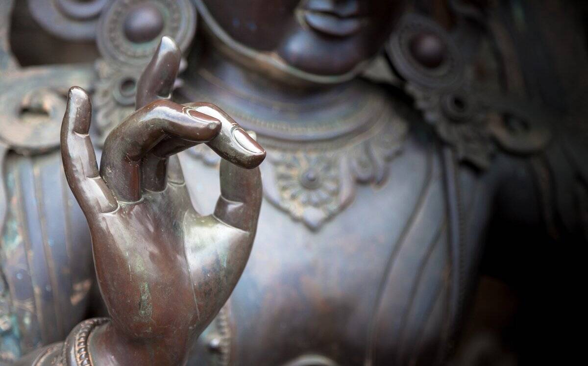 Dettaglio Di Statua Di Buddha Con La Mano In Posizione Di Karana Mudra
