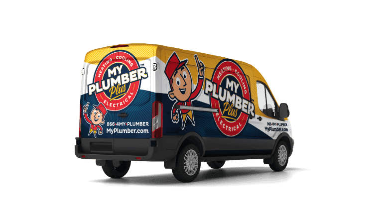 A "My Plumber Plus" van featuring a cartoon plumber, contact info, and website helps every homeowner take control of plumbing emergencies, while also advertising expert heating, cooling, and electrical services.