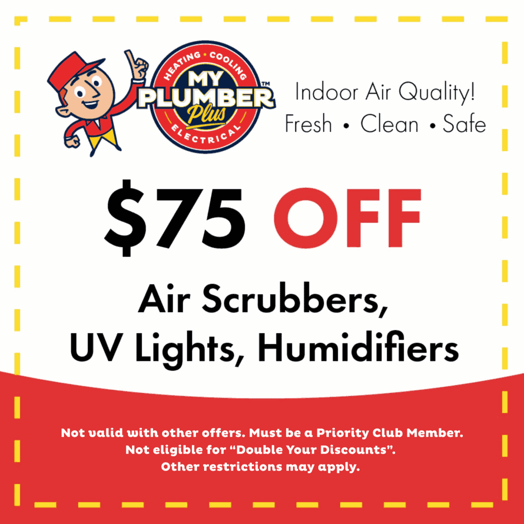 Coupon for $75 off air scrubbers, UV lights, and humidifiers from My Plumber Plus. Priority Club Members only—ask about special finance options! Terms and restrictions apply.