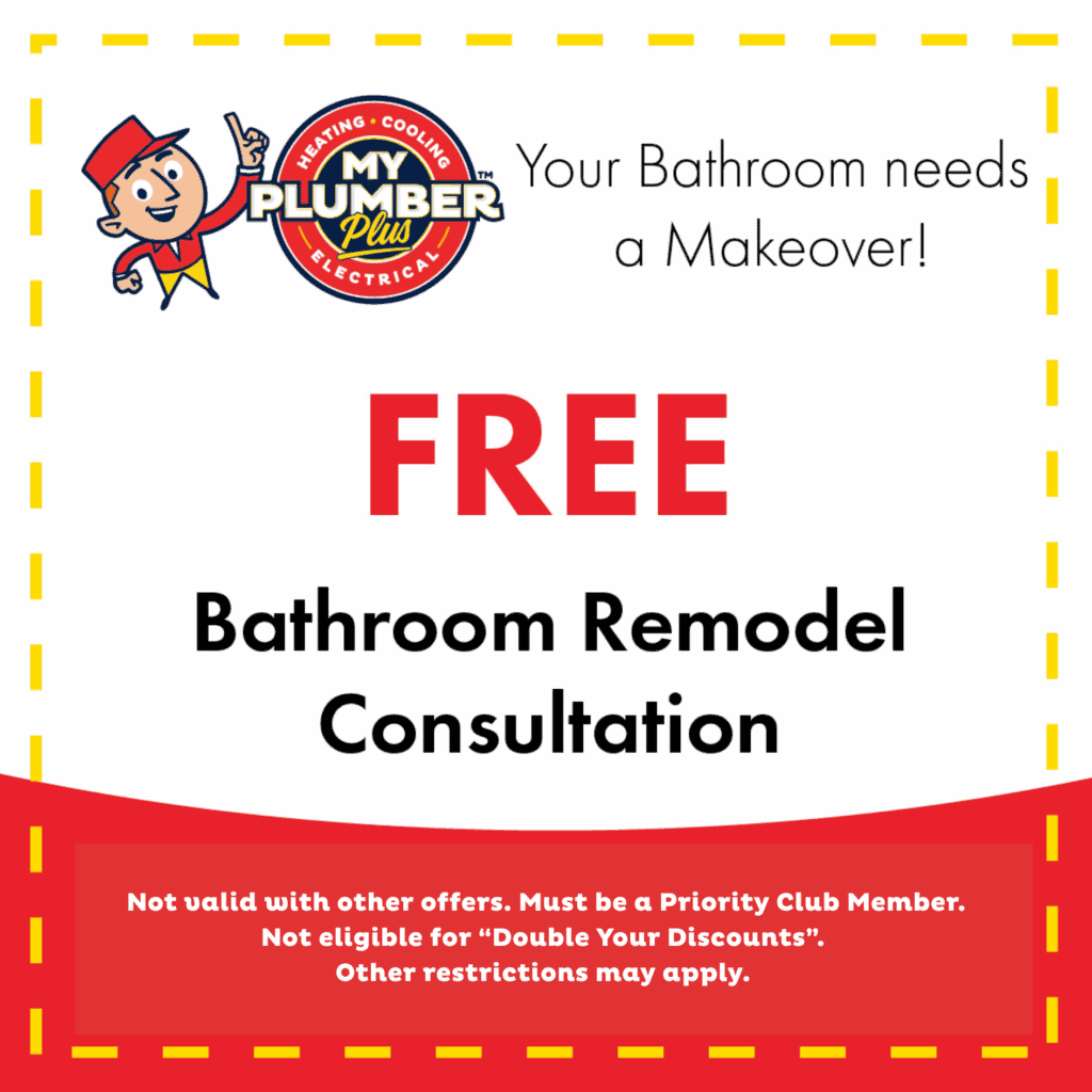 Ad for My Plumber Plus offering a free bathroom remodel consultation with flexible finance options available; terms and conditions apply, including Priority Club membership requirement.