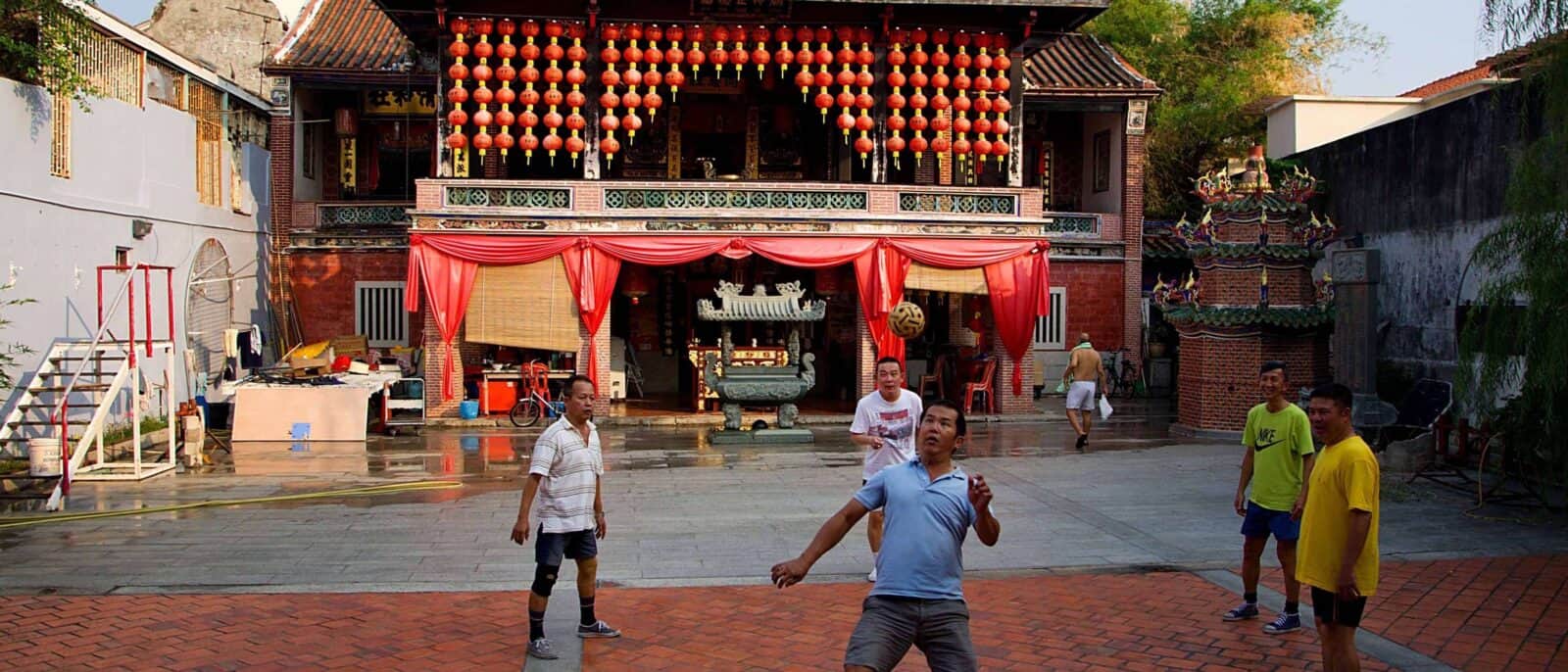 Historic street in George Town, Penang, with colourful colonial and Chinese shophouses