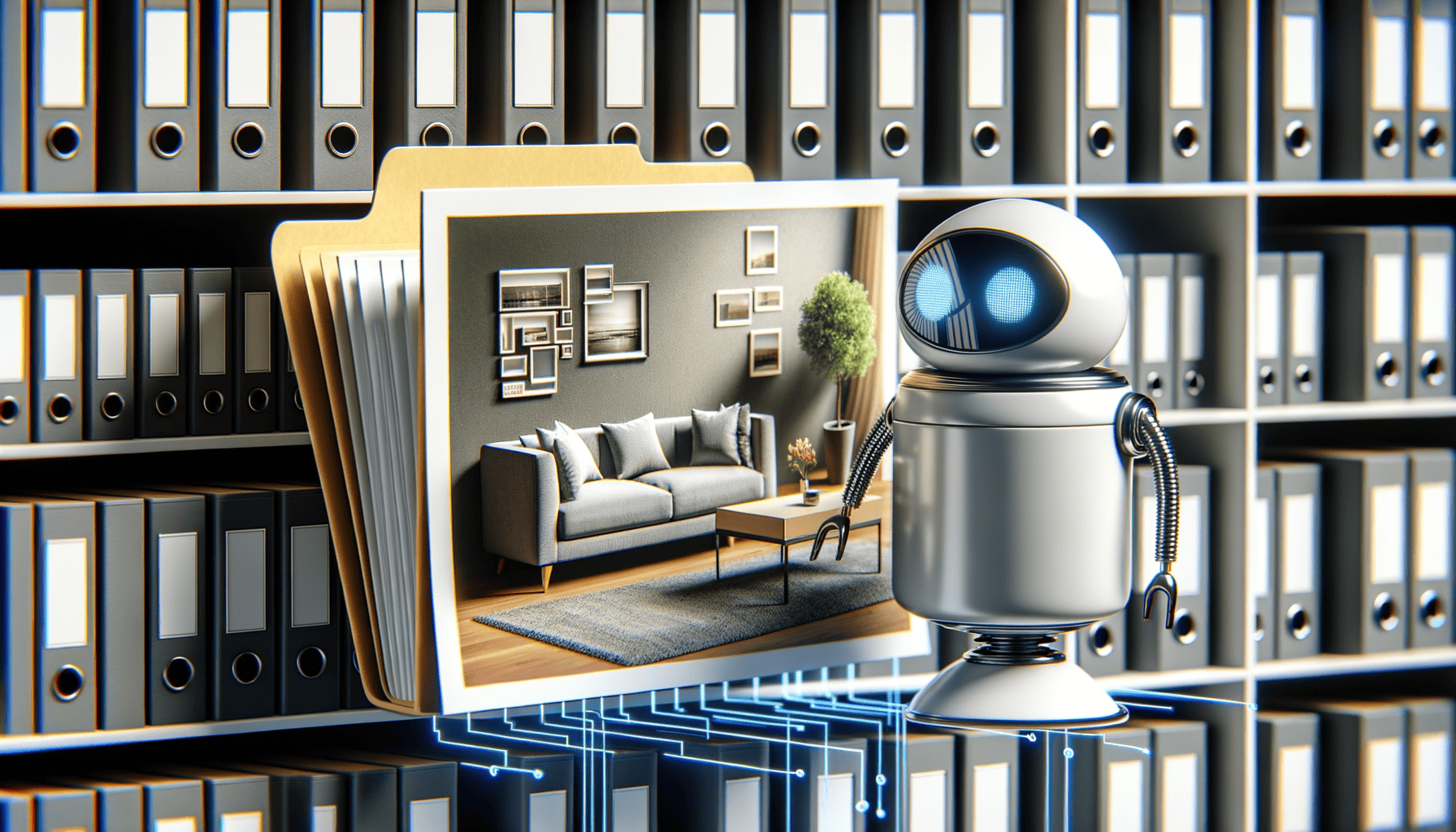 An artificial intelligent agent automatically classifying an image of a house livingroom and placing it into a folder labeled "livingroom"