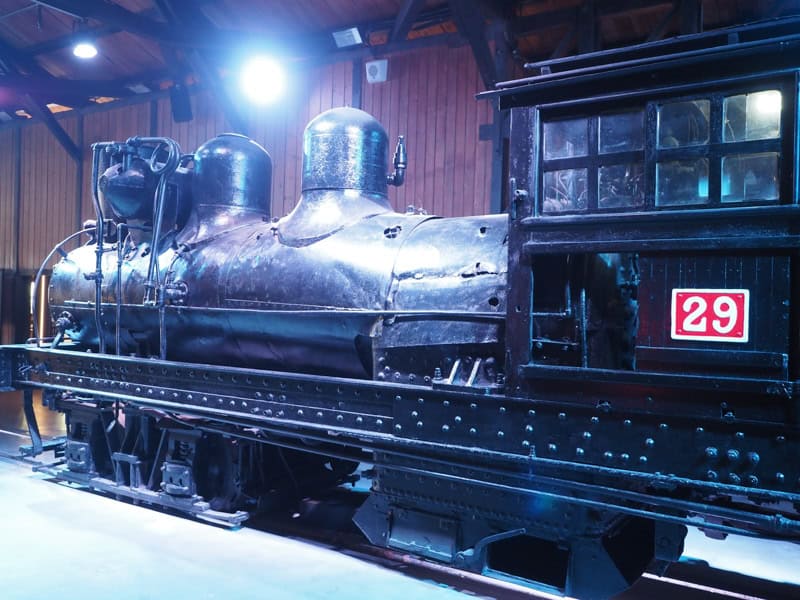 A blue light shining on a black Alishan Forest Railway locomotive