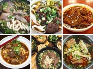 A collage of six images of the best beef noodles in Taipei city, Taiwan