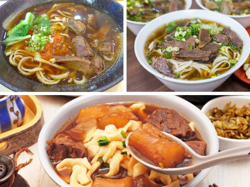 Three images of different kinds of beef noodles in Taiwan