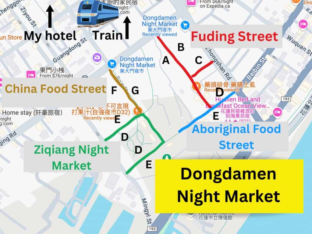 A map of Dongdamen Night Market showing the four different sections