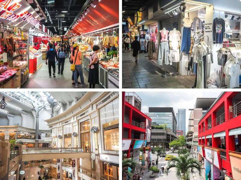 A collage of four images of shopping places in Taipei
