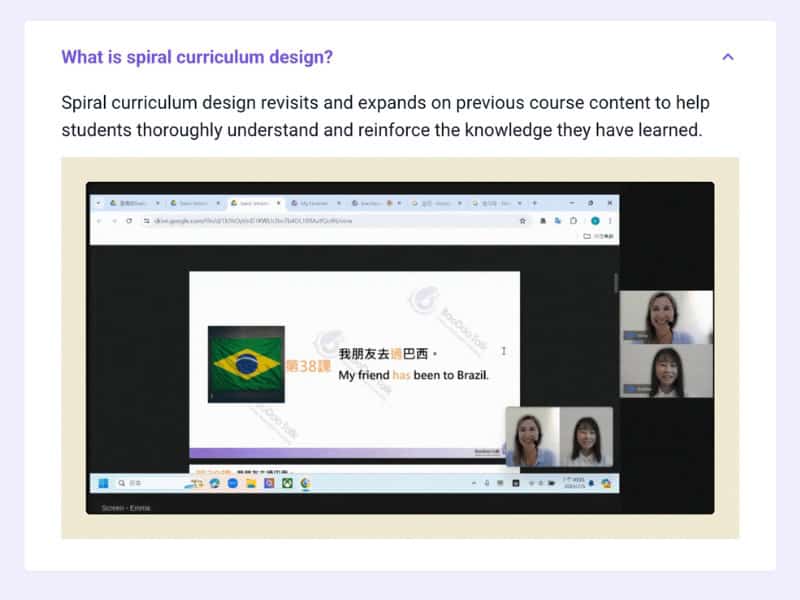 Screenshot from BaoDao Talk's website explaining how they use a spiral curricumum