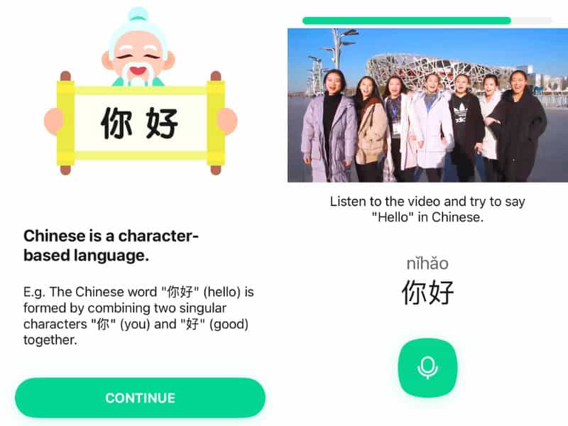 Two vertical screenshots from an app showing a Mandarin lesson on how to say Hello in Chinese