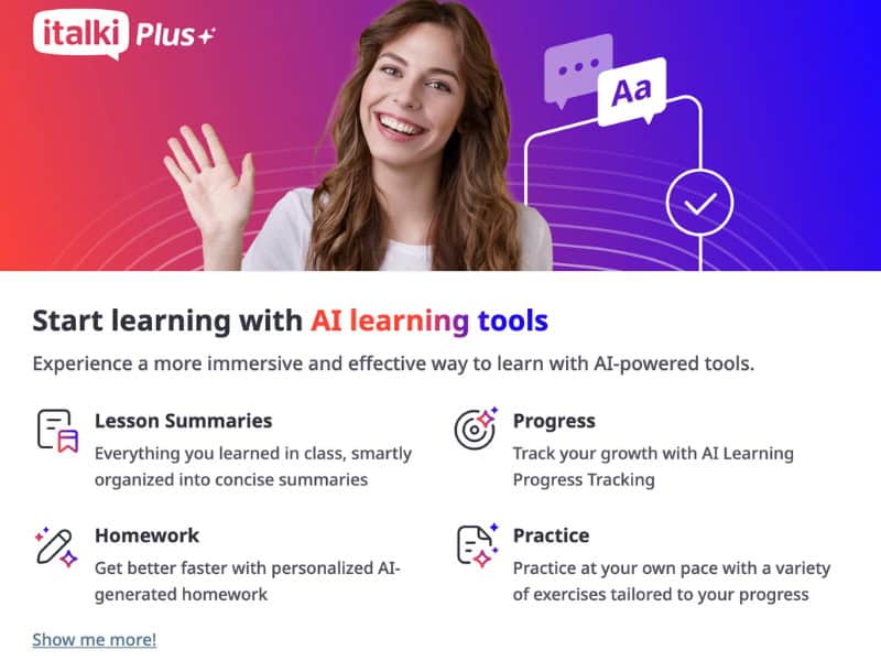 Screenshot of a popup from the Italki website showing some of their AI-powered language learning tools